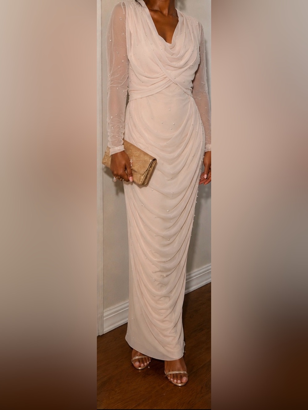 SHEIN Blush Sheer Draped Long Sleeve Evening Dress